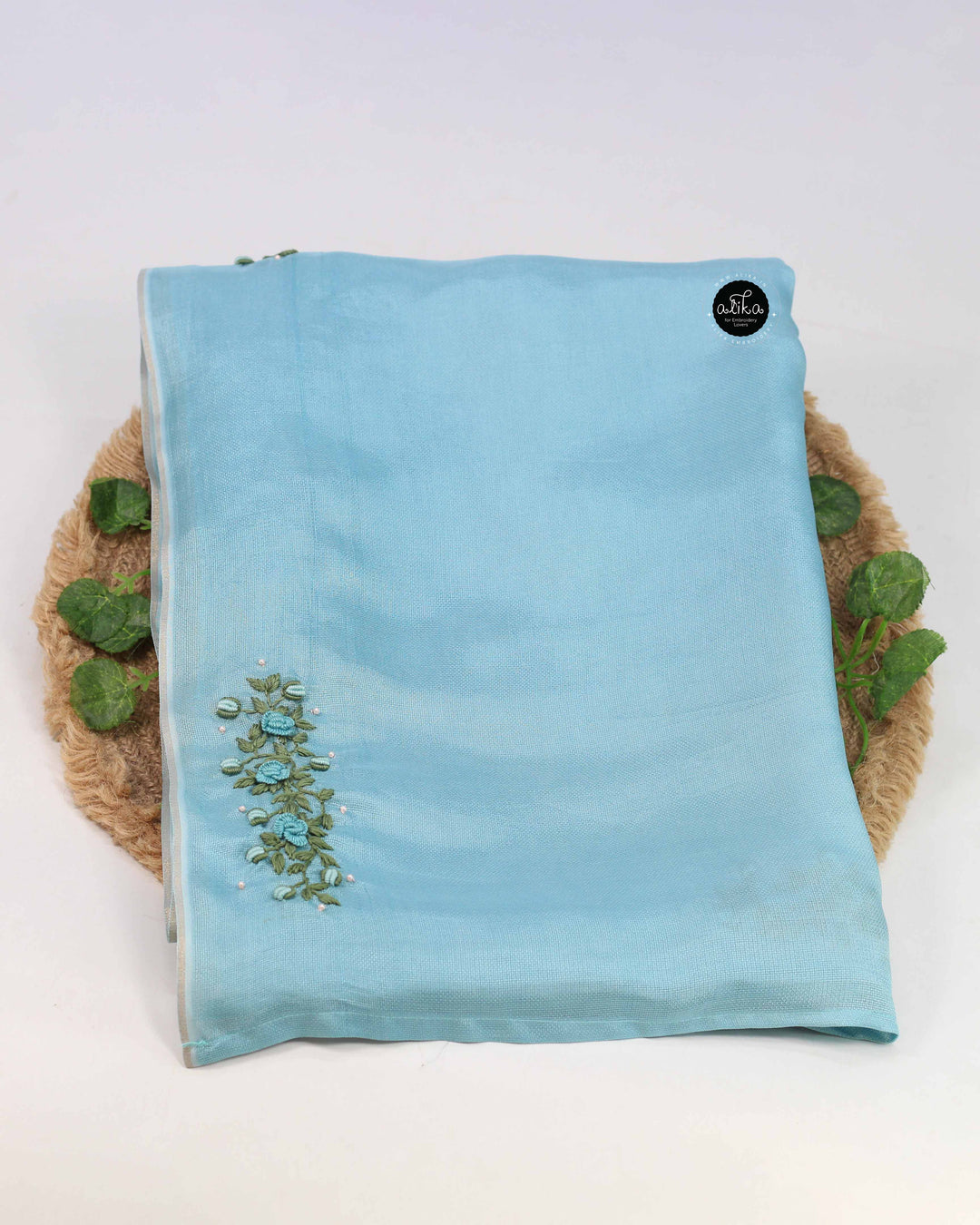 Sky Blue Crispy Georgette Saree with Floral Hand Embroidery &amp; Bead Embellishments