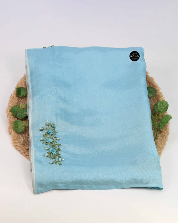 Sky Blue Crispy Georgette Saree with Floral Hand Embroidery &amp; Bead Embellishments