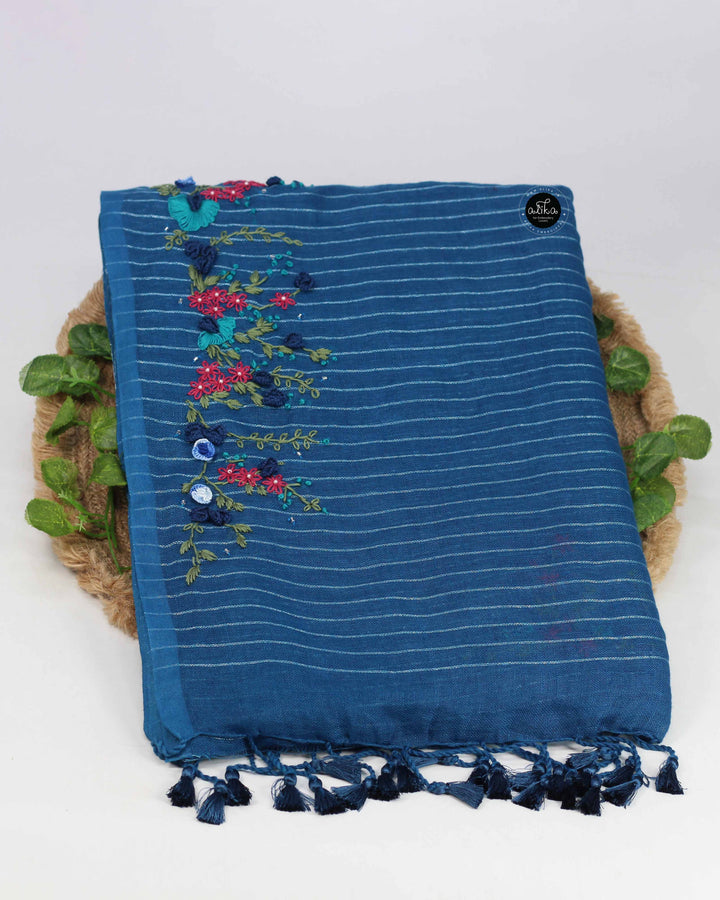 Indigo Blue Pure Linen Saree with Floral Hand Embroidery &amp; Bead Work