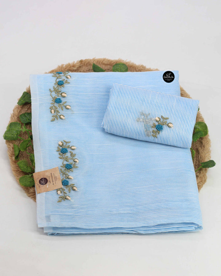 Light Blue Kota Saree with Floral Hand Embroidery