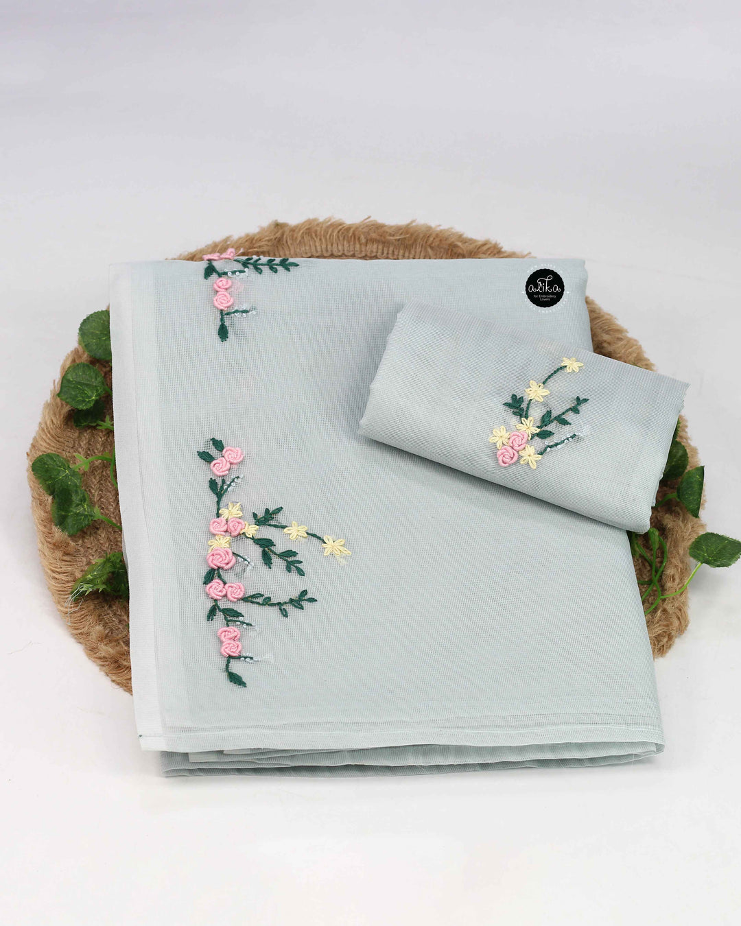 Powder Blue Kota Saree with Floral Hand Embroidery