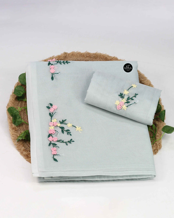 Powder Blue Kota Saree with Floral Hand Embroidery