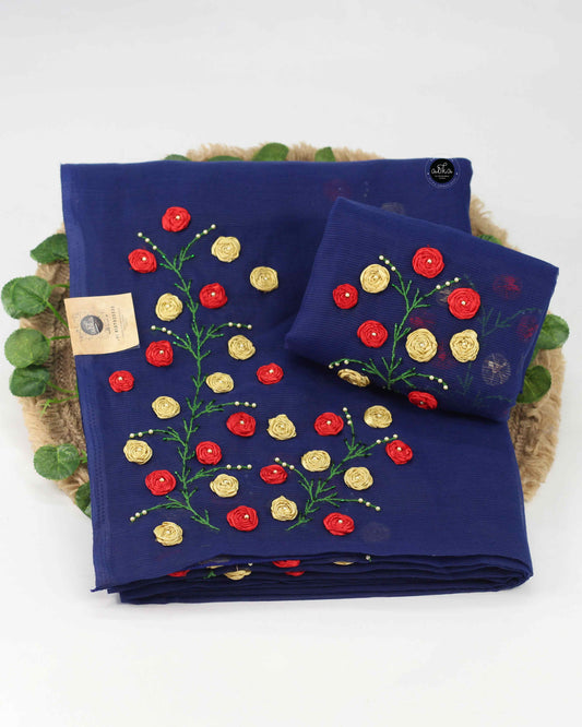 Dark Blue Kota Saree with Floral Ribbon Embroidery – Elegant Party Wear