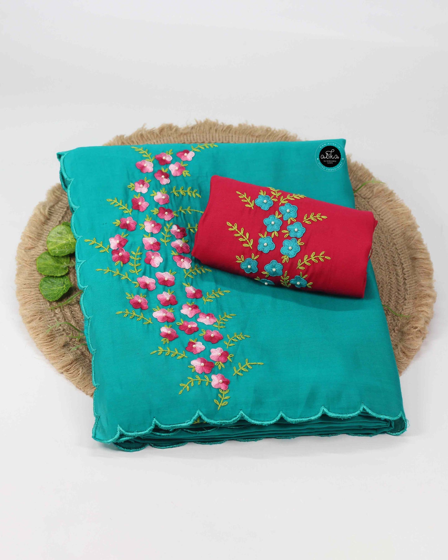 Aqua Green Soft Silk Saree with Thread Bead Embroidery