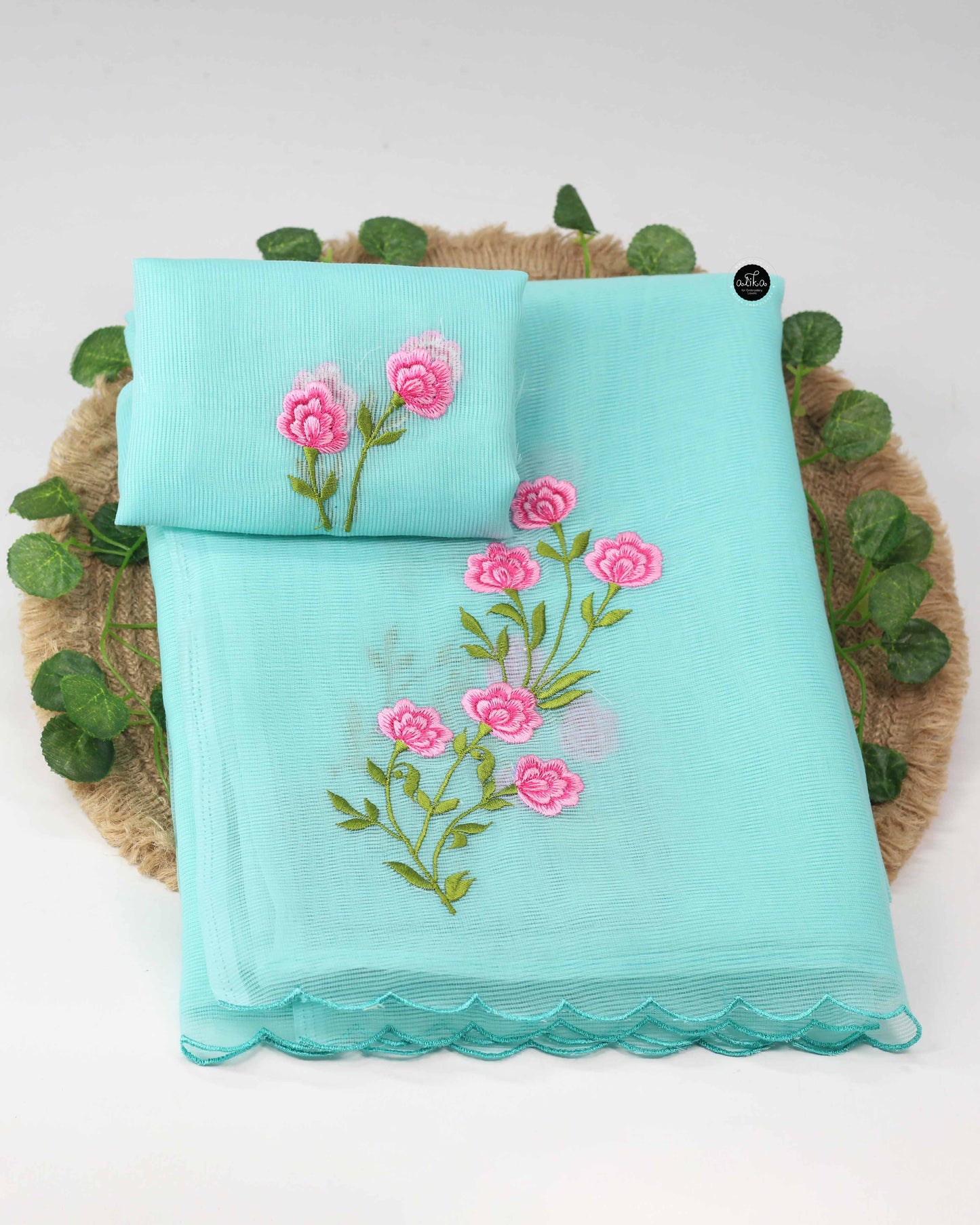 Light Blue Kota Saree with Floral Machine Embroidery