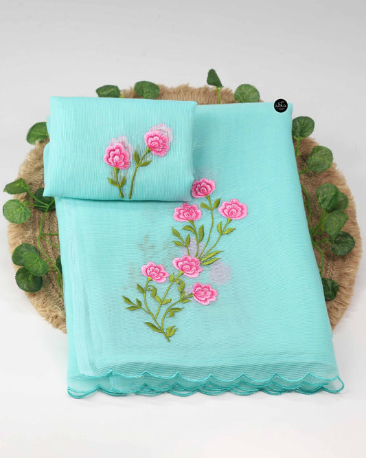 Light Blue Kota Saree with Floral Machine Embroidery