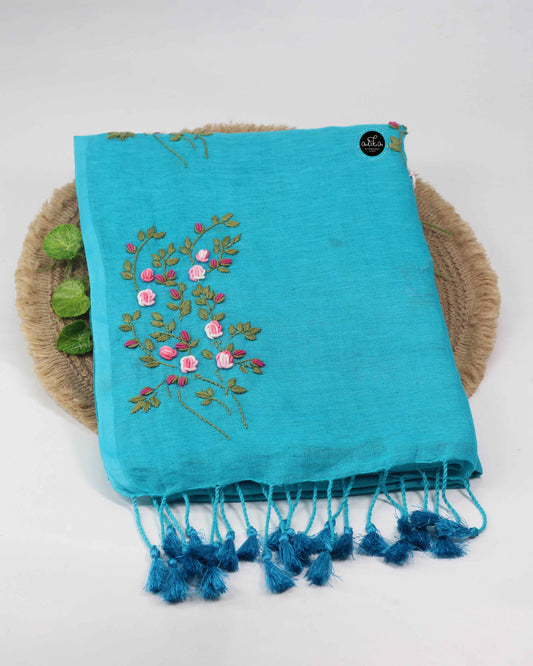 Blue Pure Linen Saree with Floral Hand Embroidery