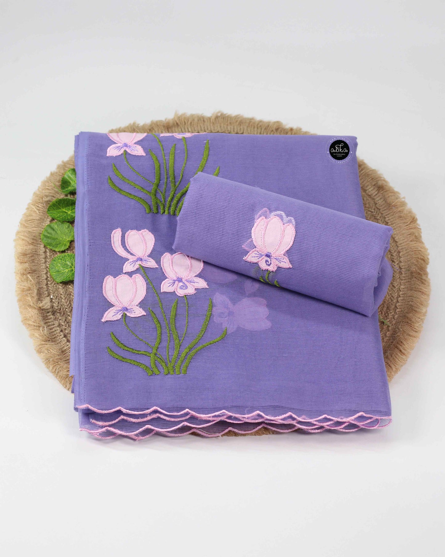 Lavender Kota Saree with Floral Applique Embroidery