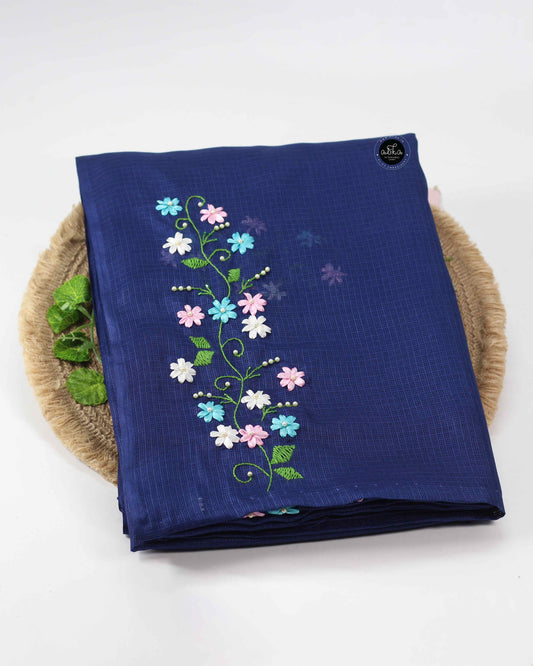 Dark Blue checked Kota Saree with Floral Ribbon Embroidery