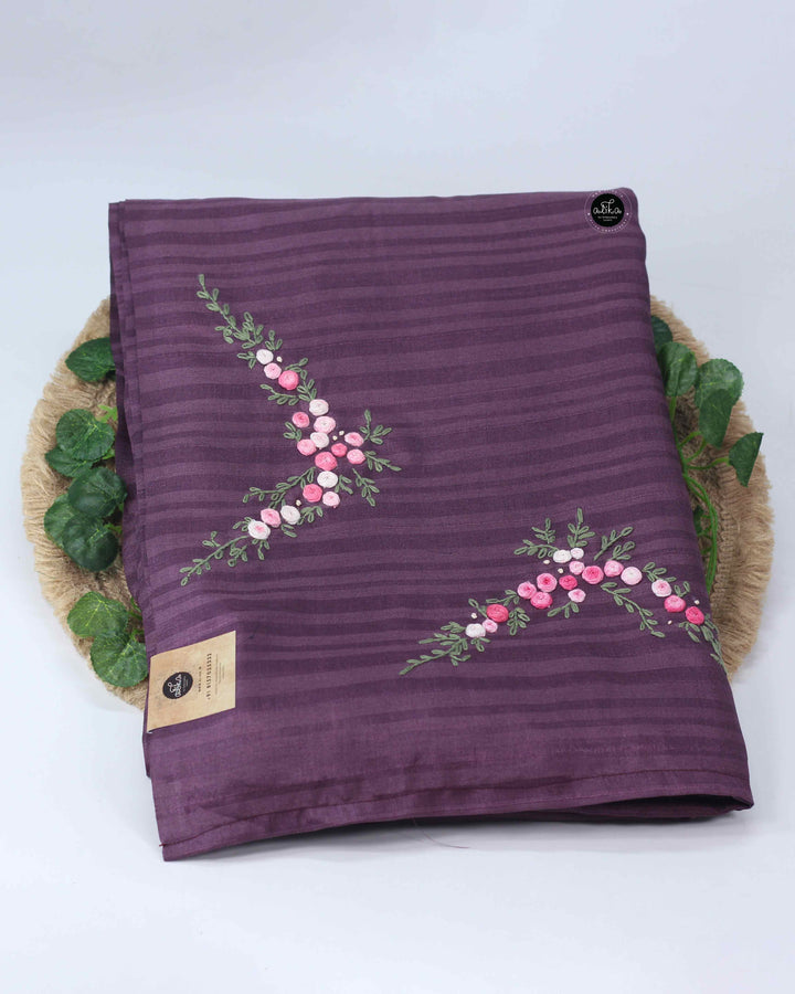 Dark Purple Semi Silk Saree with Floral Hand Embroidery