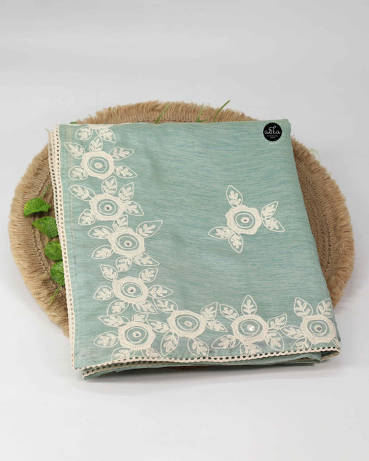 Light Ocean Green Chanderi Saree with Floral Border Embroidery