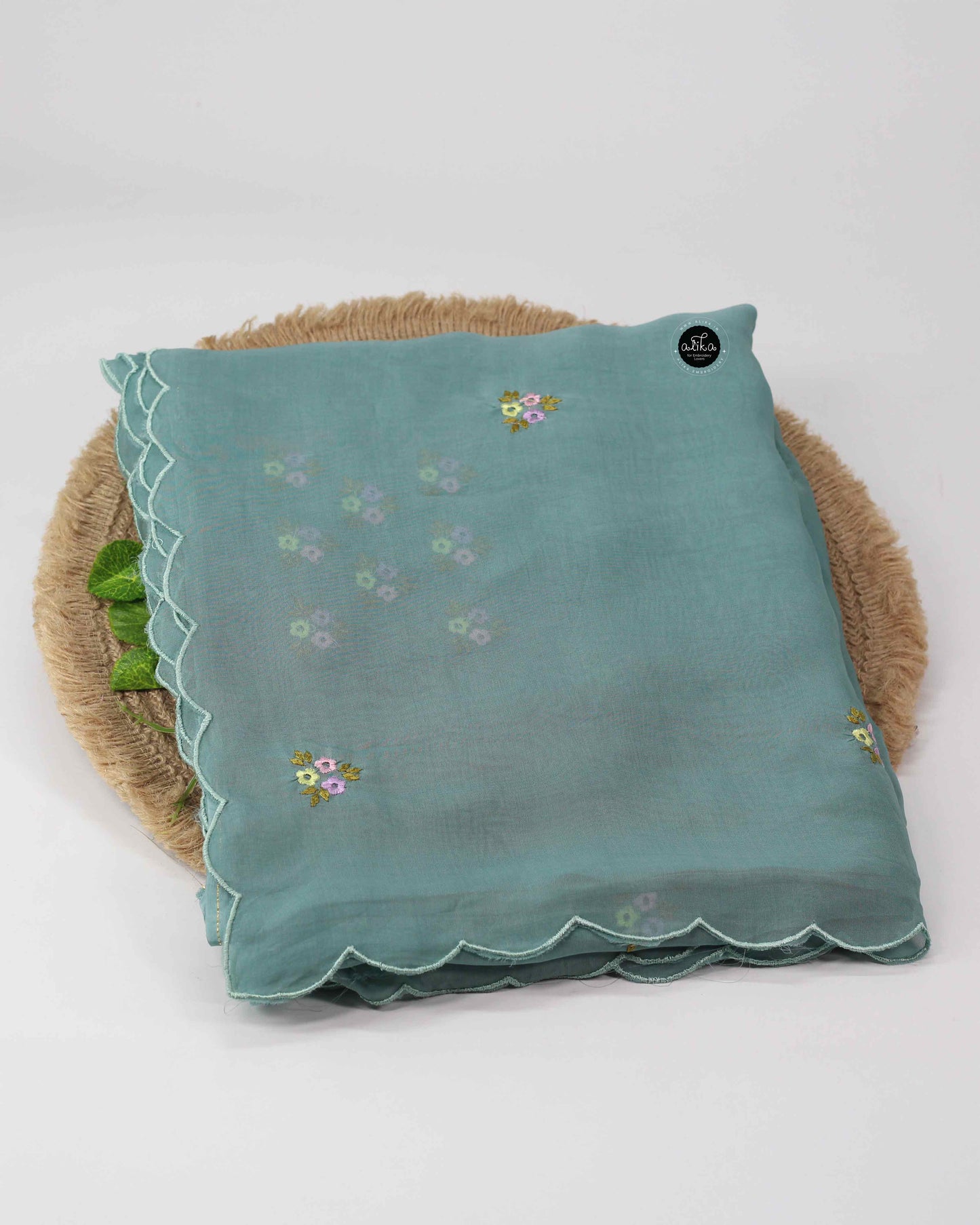 Sea Mist Organza Saree with Floral Machine Embroidery