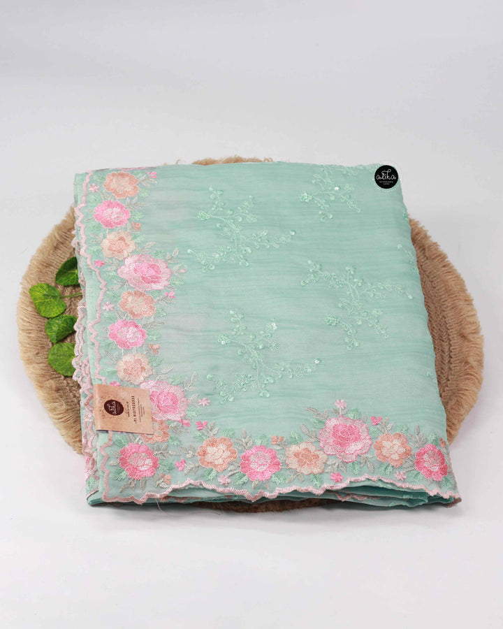 Light Aqua Organza Saree with Floral Full Border Embroidery and Sequin Work