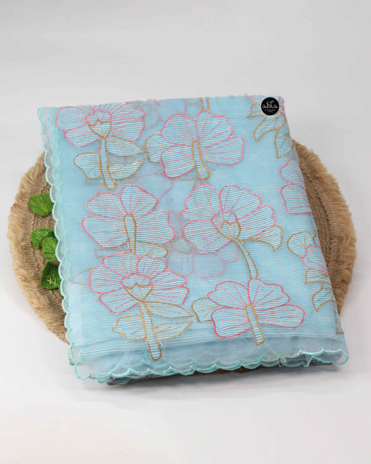 Light Blue Kota Saree with Organza Applique Work