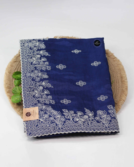 Navy Blue Uppada Silk Saree with White Machine Embroidery