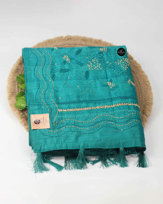 Aqua Green Semi Silk Saree with Floral Hand Embroidery