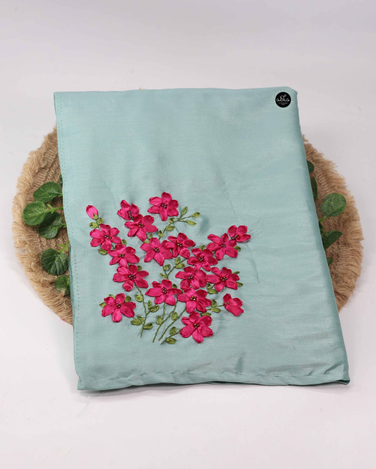 Ocean Green Semi Silk Saree with Red Floral Ribbon Embroidery and Bead Work