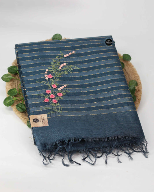 Dark Bluish Gray  Pure Tussar Silk Saree in with Floral Hand Embroidery