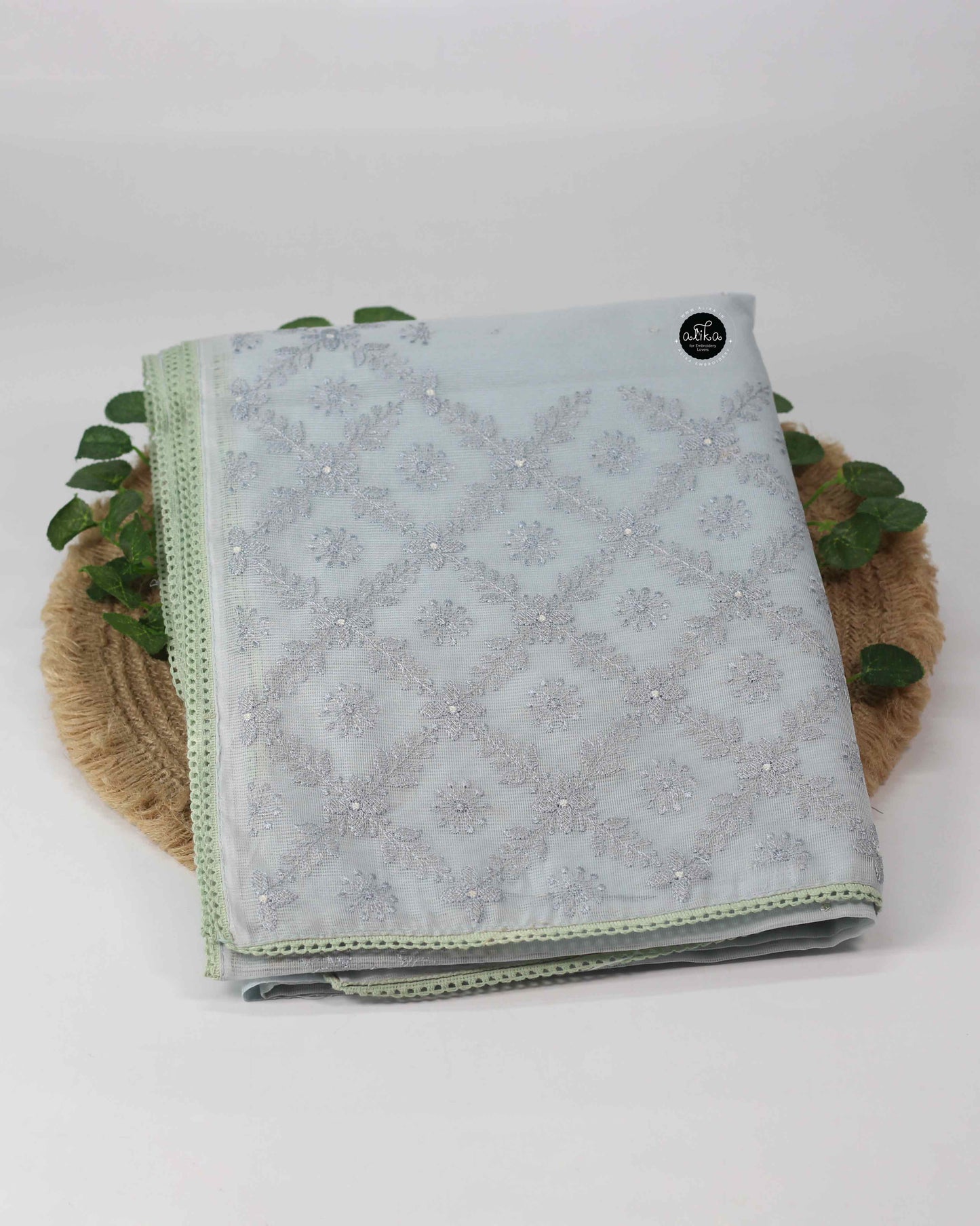 Cool Gray Kota Saree with Machine Embroidery & Mirror Work