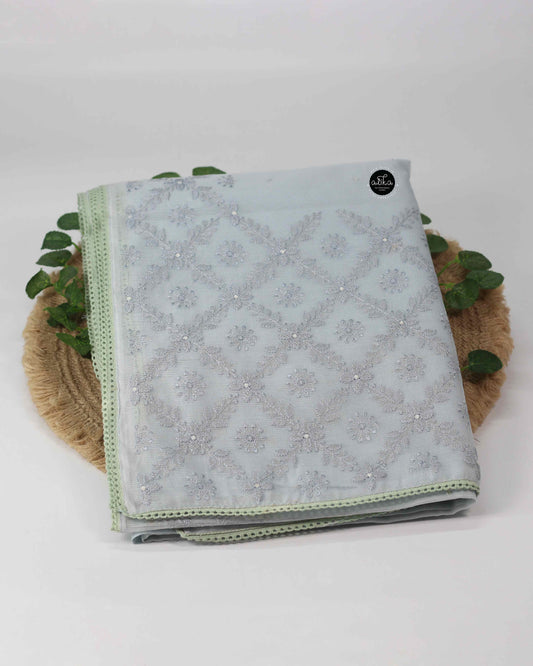 Cool Gray Kota Saree with Machine Embroidery & Mirror Work