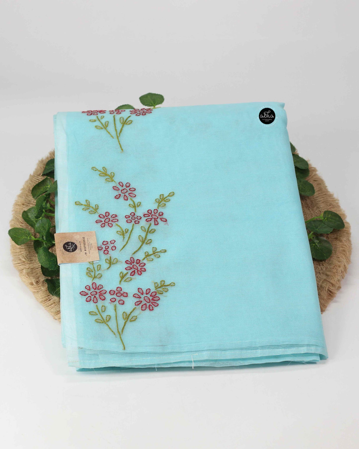 Bright Blue Kota Saree with Floral Shadow Embroidery