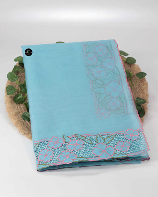 Bright Blue Kota Saree with Floral Peach Cutwork