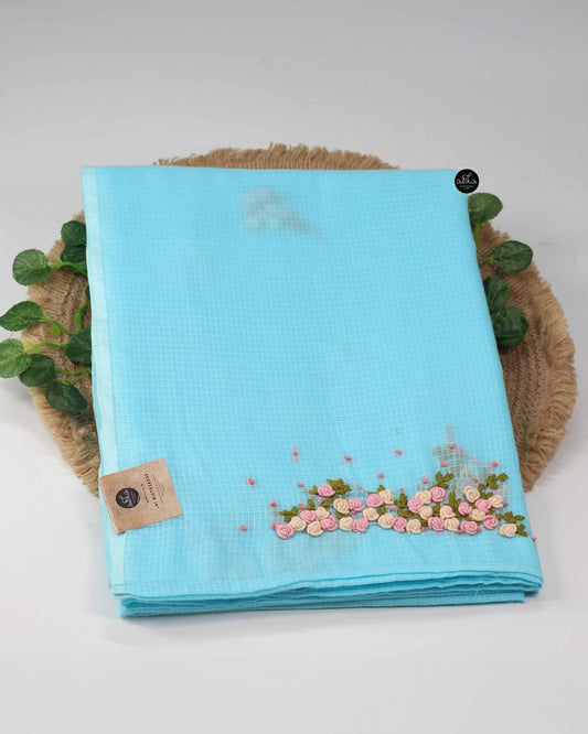 Bright Blue Cotton Kota Saree with Hand Embroidery