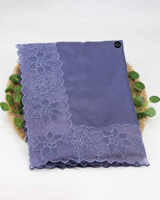 Gray Blue Silky Kota Saree with Floral Organza Applique Border