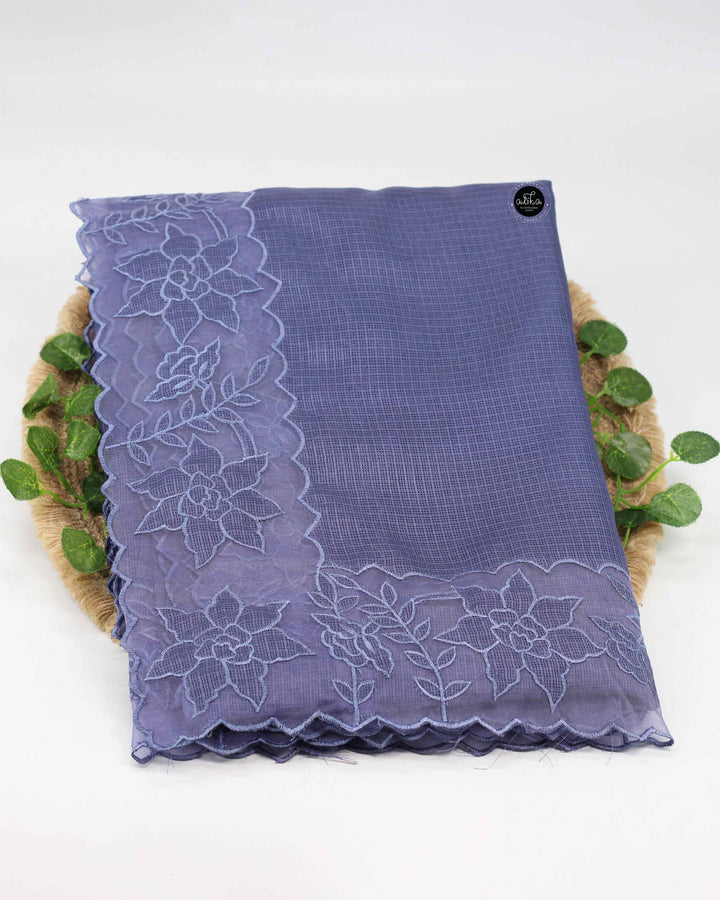 Gray Blue Silky Kota Saree with Floral Organza Applique Border