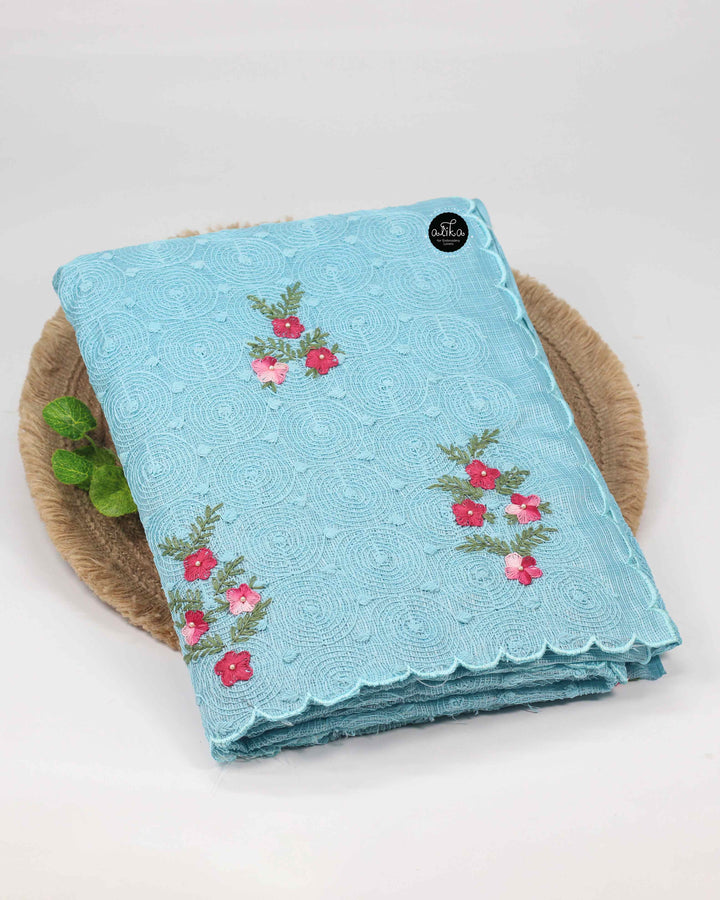 Light Blue Phulkari Saree with Floral Hand Embroidery