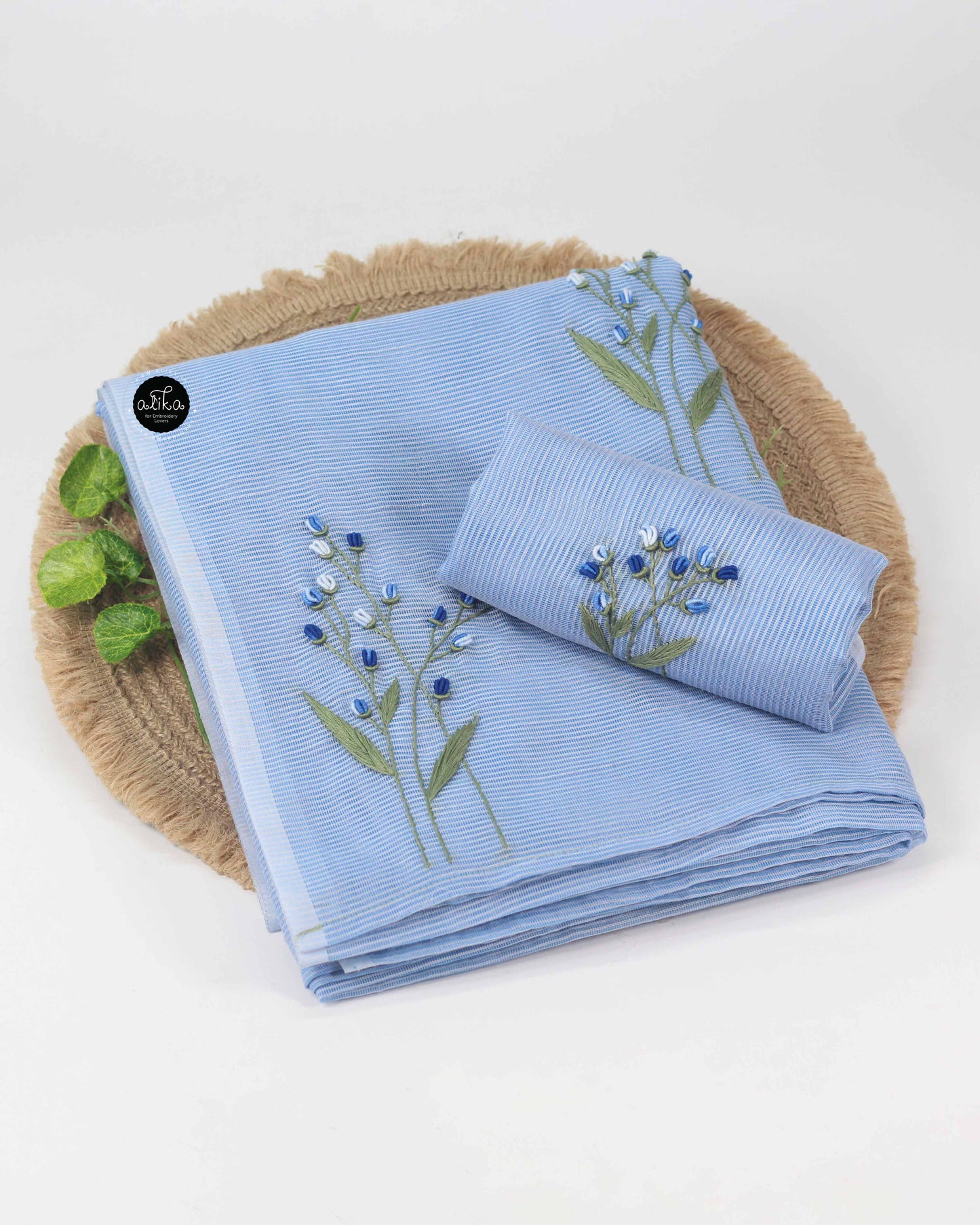 Ice Blue Kota Saree with Floral Hand Embroidery