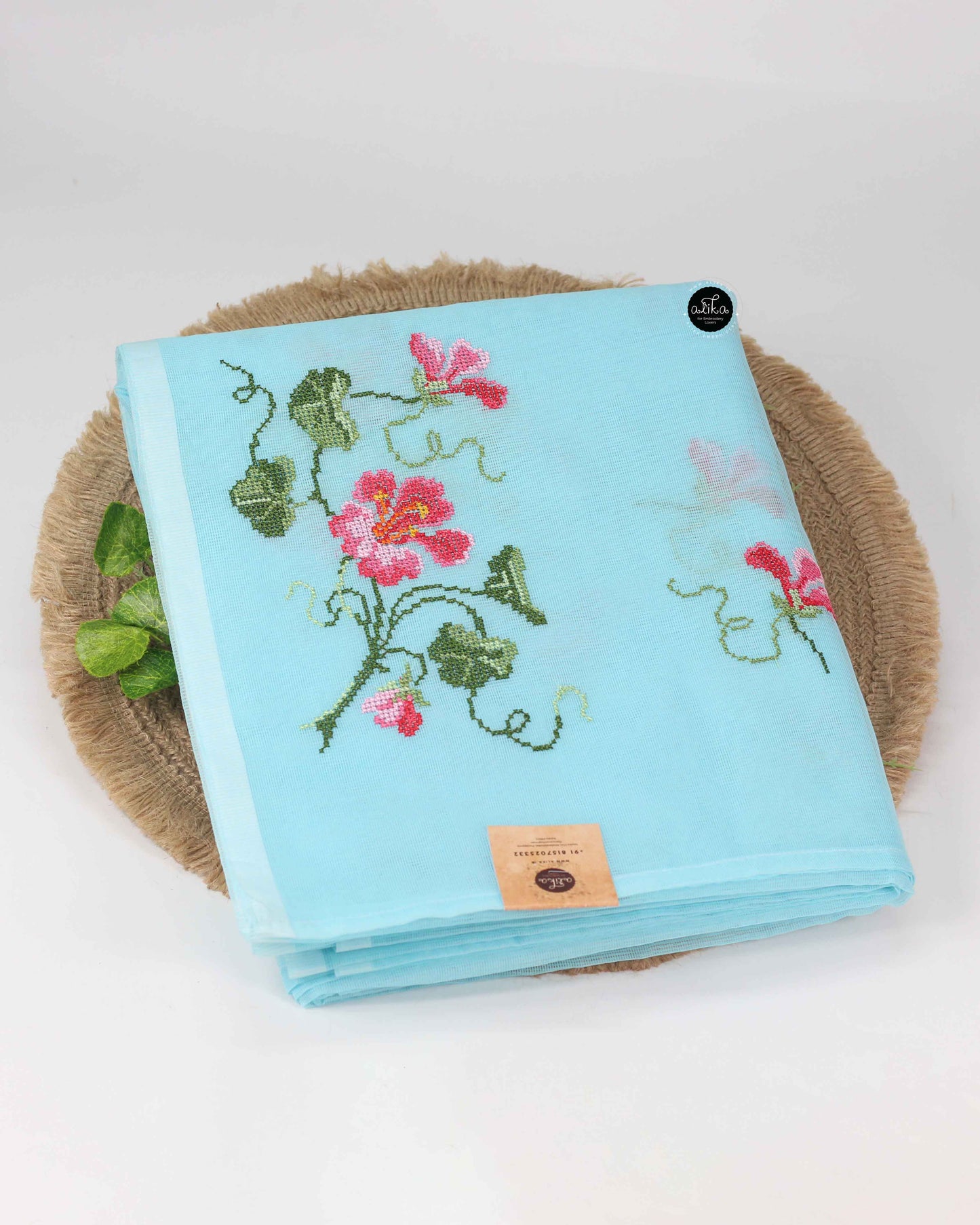 Sky Blue Kota Saree with Floral Machine Embroidery