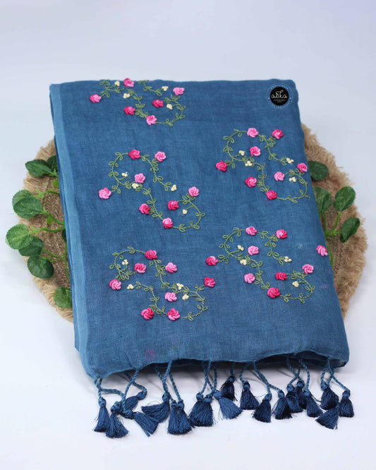 Light Navy Blue Pure Linen Saree with Floral Hand Embroidery