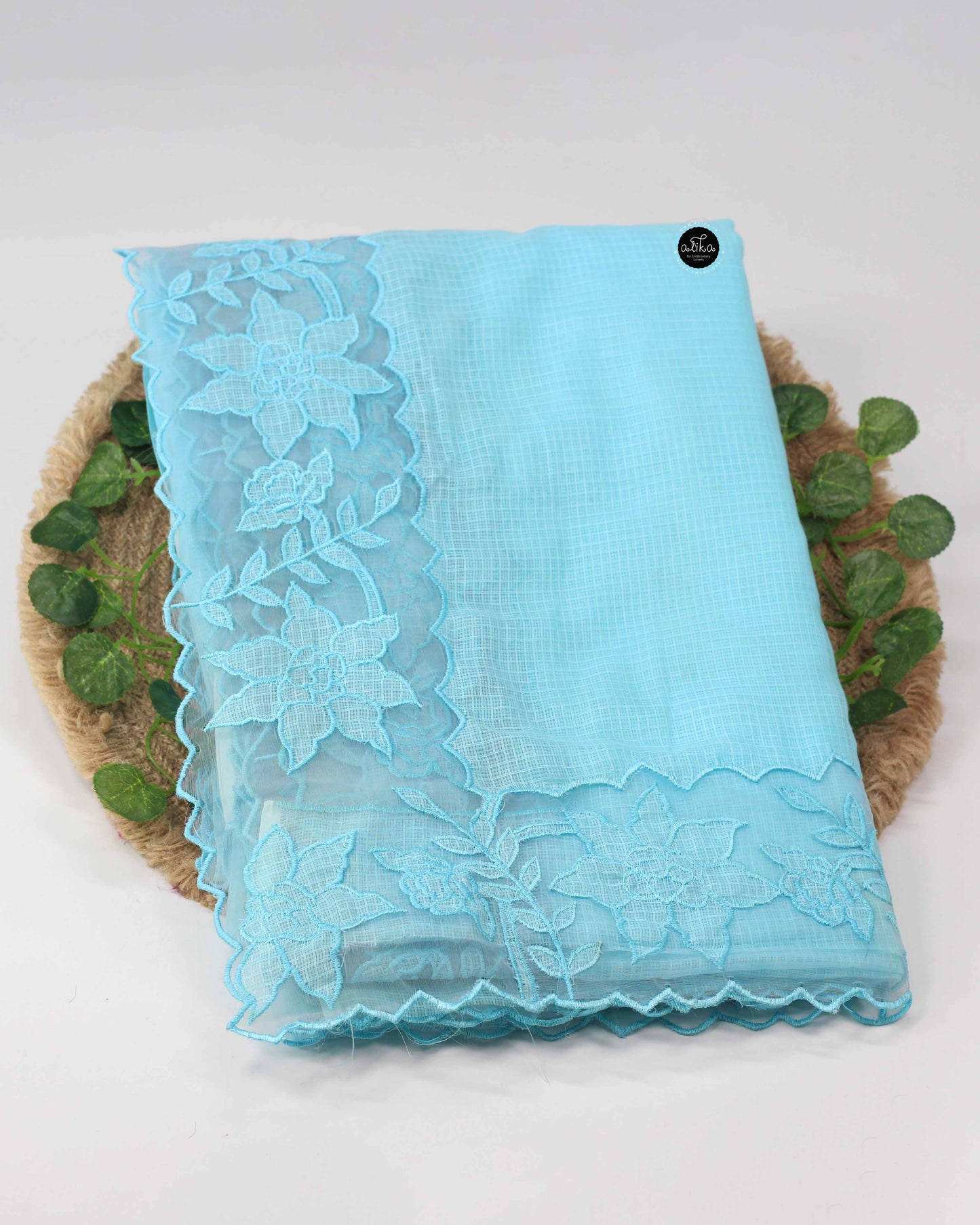 Light Blue Cotton Kota Saree with Appliqué Border