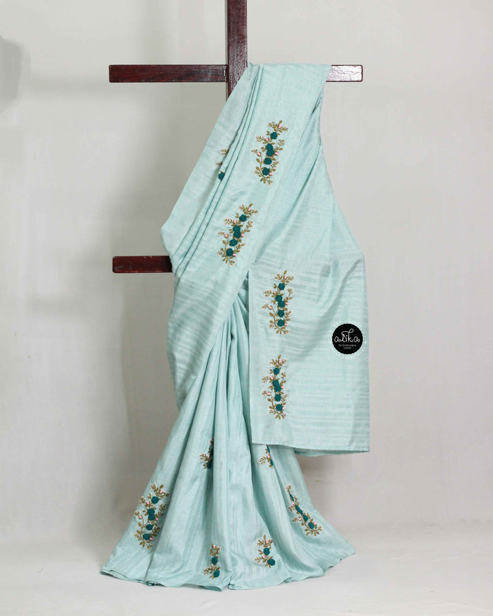 Light Blue Designer Silk Saree with Floral Hand Embroidery