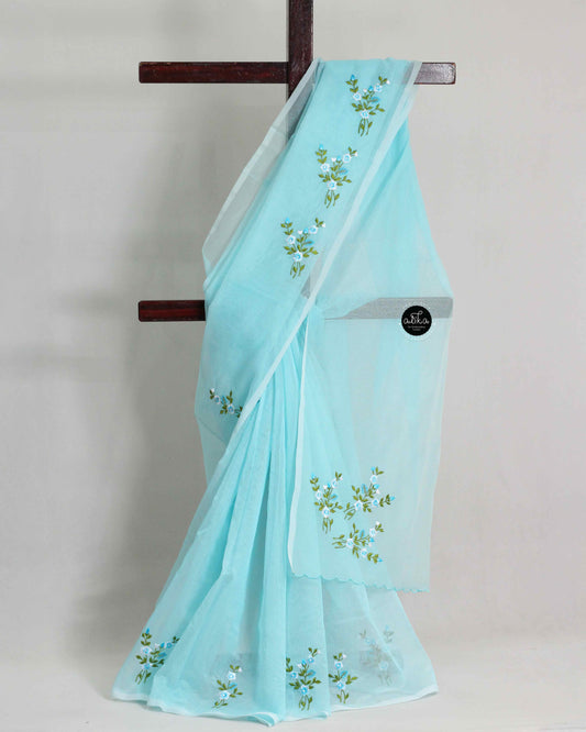 Light Blue Kota Saree with Floral Machine Embroidery | Elegant Ethnic Wear