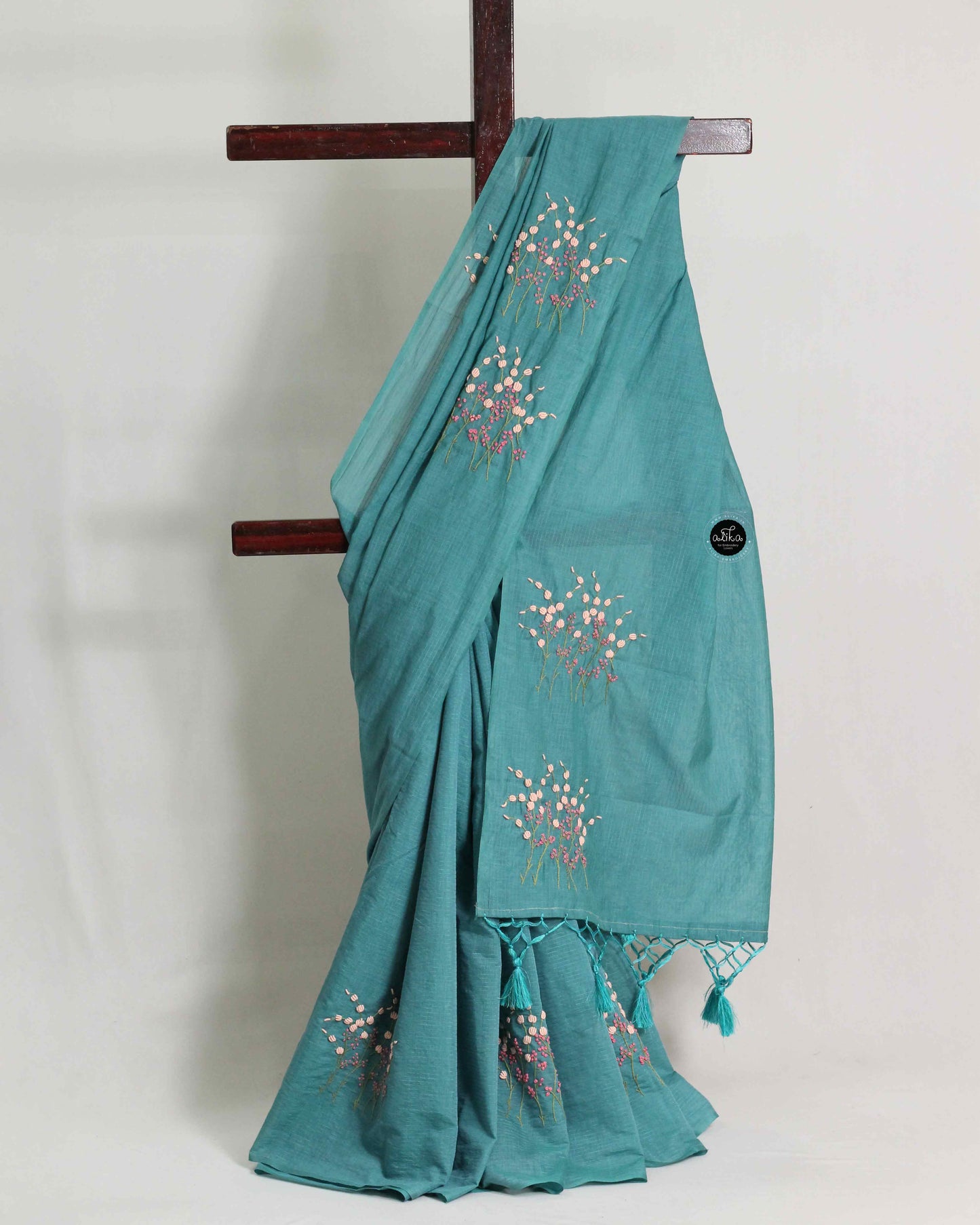 Teal Green Chanderi Saree with Floral Hand Embroidery – Elegant Festive Wear