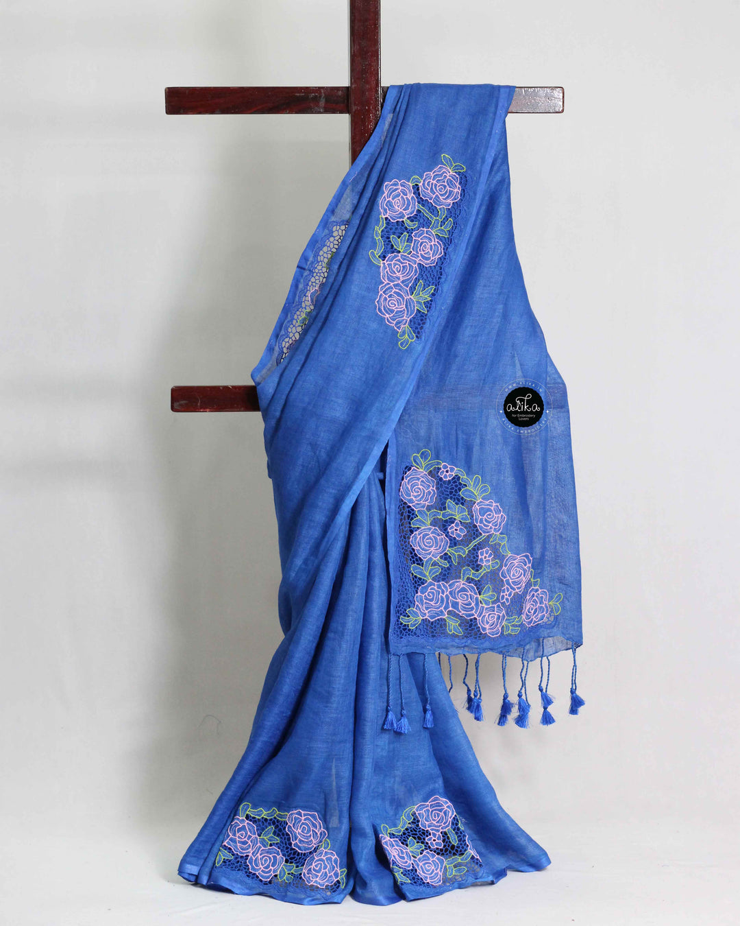 Royal Blue Pure Linen Saree with Floral Twine Cutwork