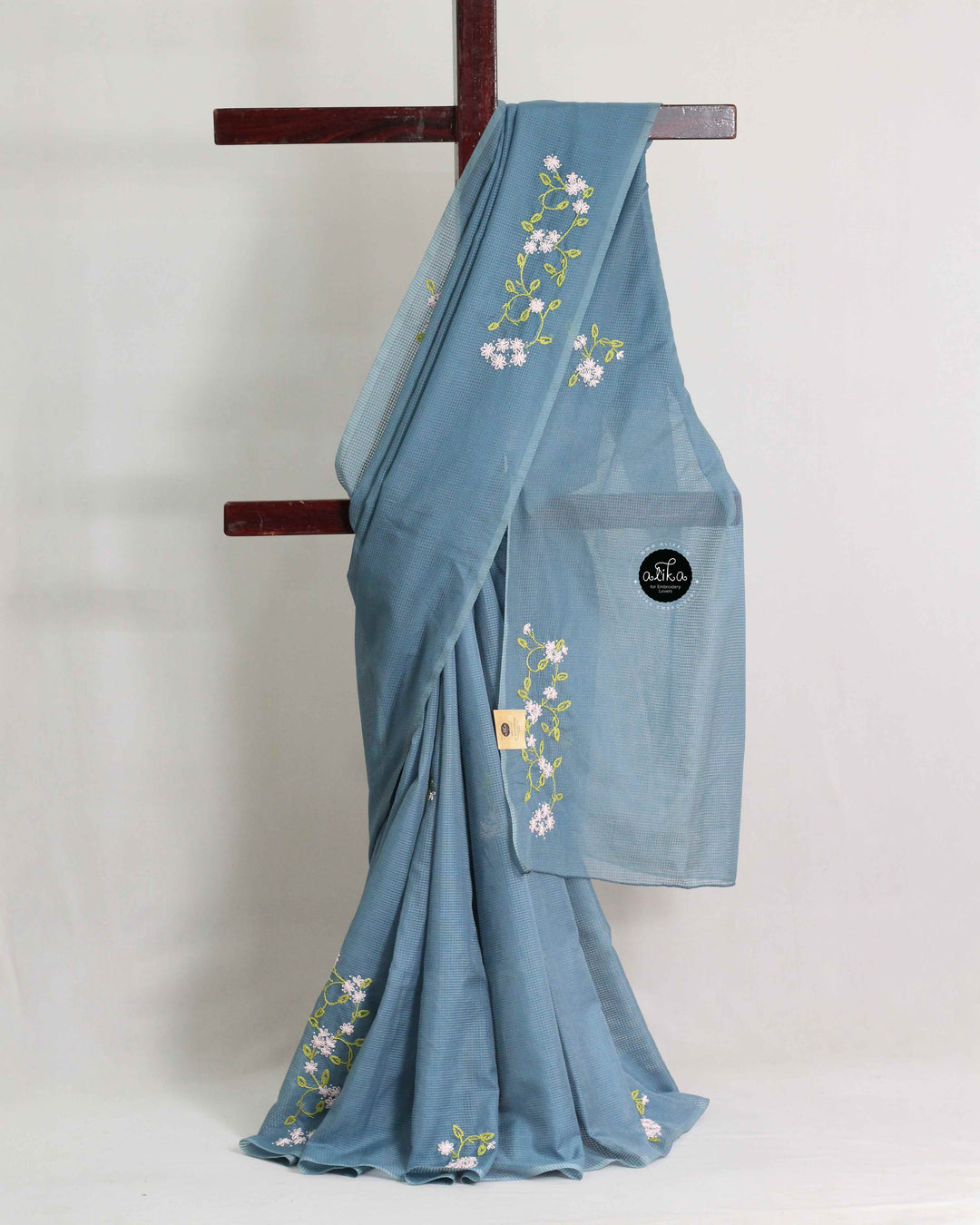 Ash Blue Bhagalpuri Silk Saree with Floral Hand Embroidery