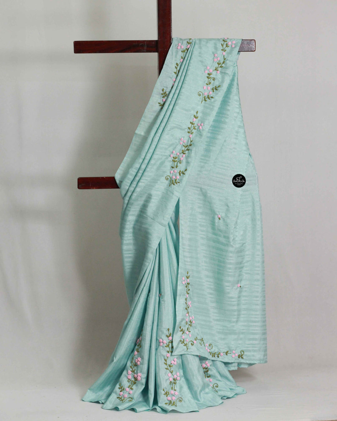 Pastel Blue Semi Silk Saree with Floral Hand Embroidery
