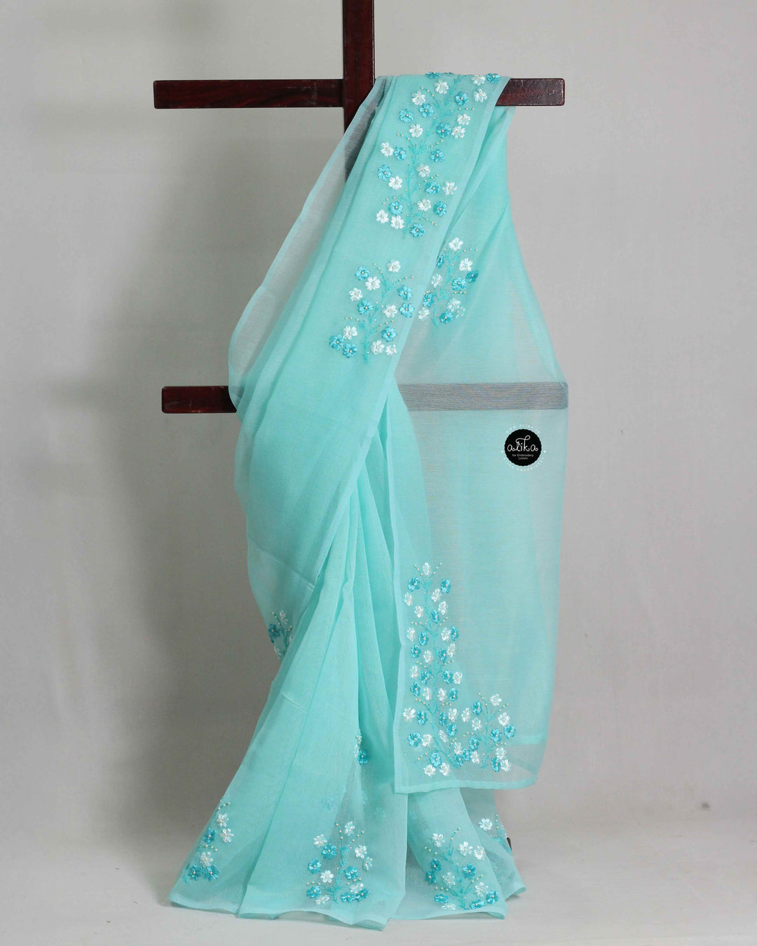 Light Blue Kota Saree with Floral Ribbon Embroidery