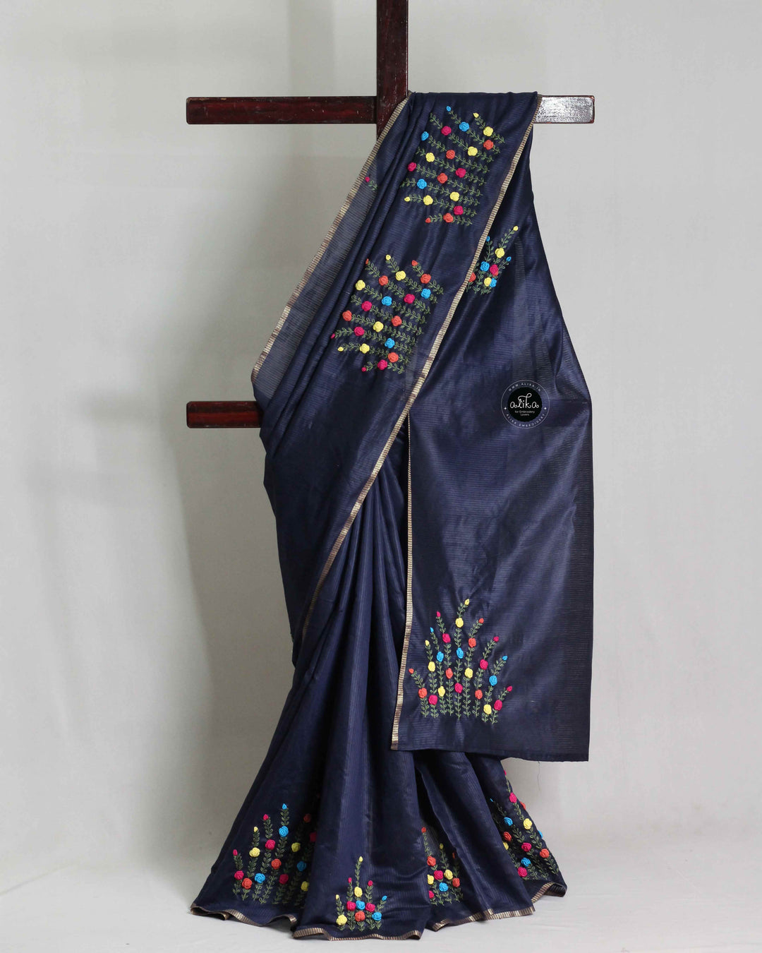 Navy Blue Semi Silk Saree with Multicolour Floral Hand Embroidery
