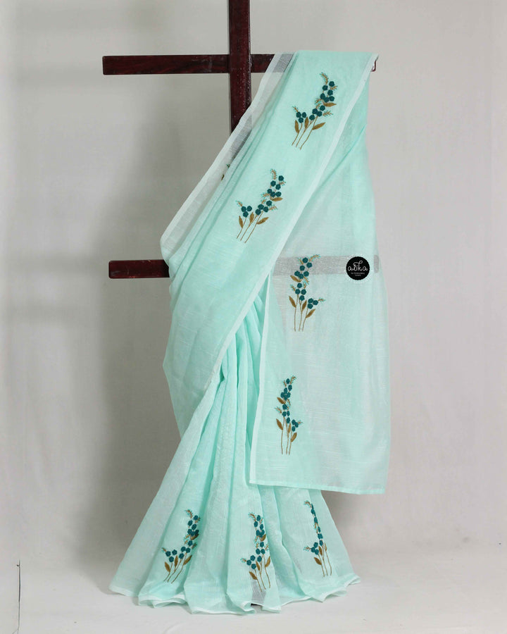 Light Aqua Green Kota Saree with Floral Hand Embroidery