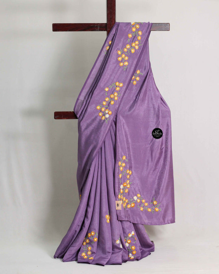 Lilac Semi Soft Silk Saree with Floral Hand Embroidery
