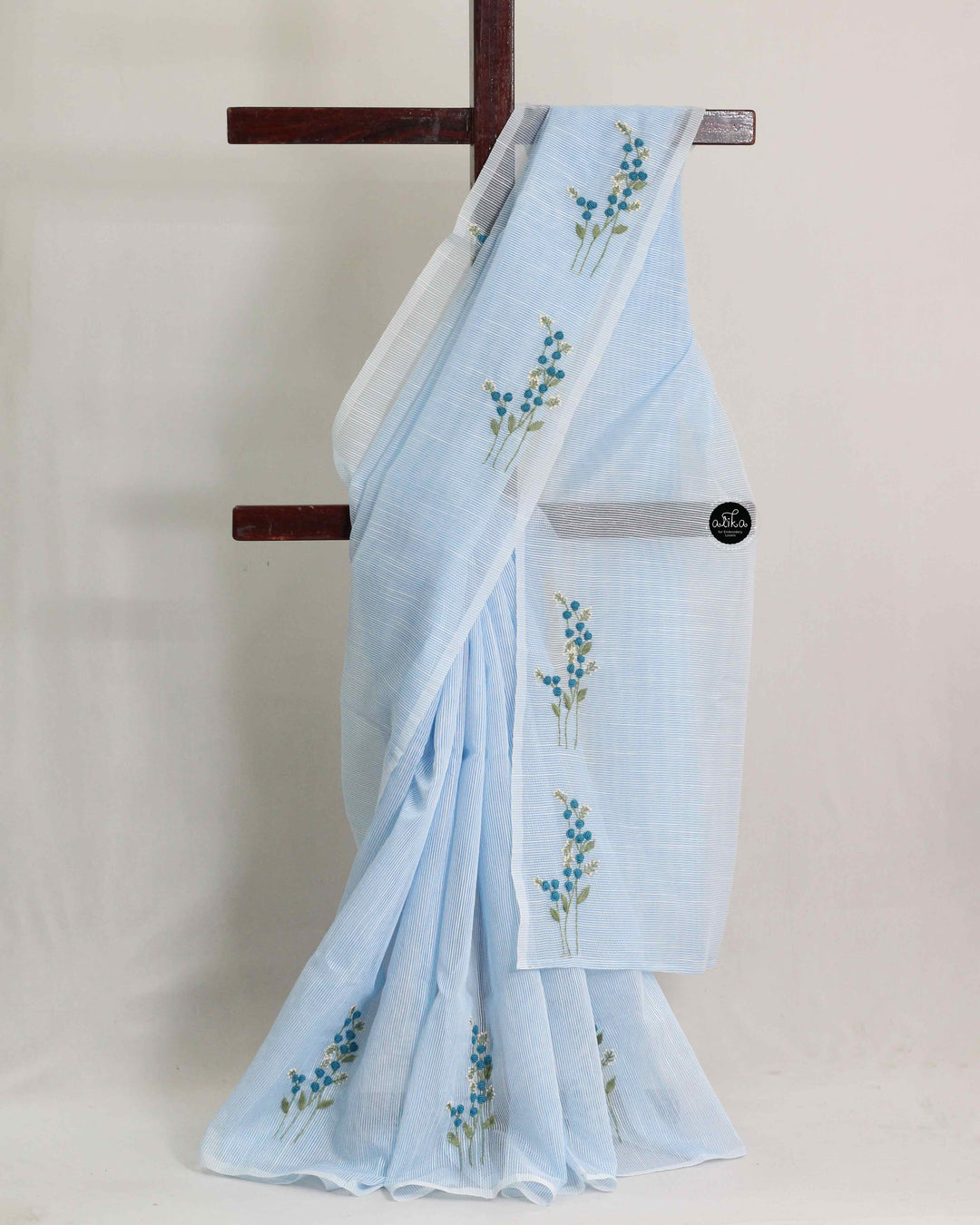 Ice Blue Kota Saree with Floral Hand Embroidery