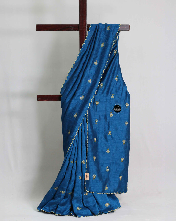 Dark Blue Semi Silk Saree with Floral Machine Embroidery
