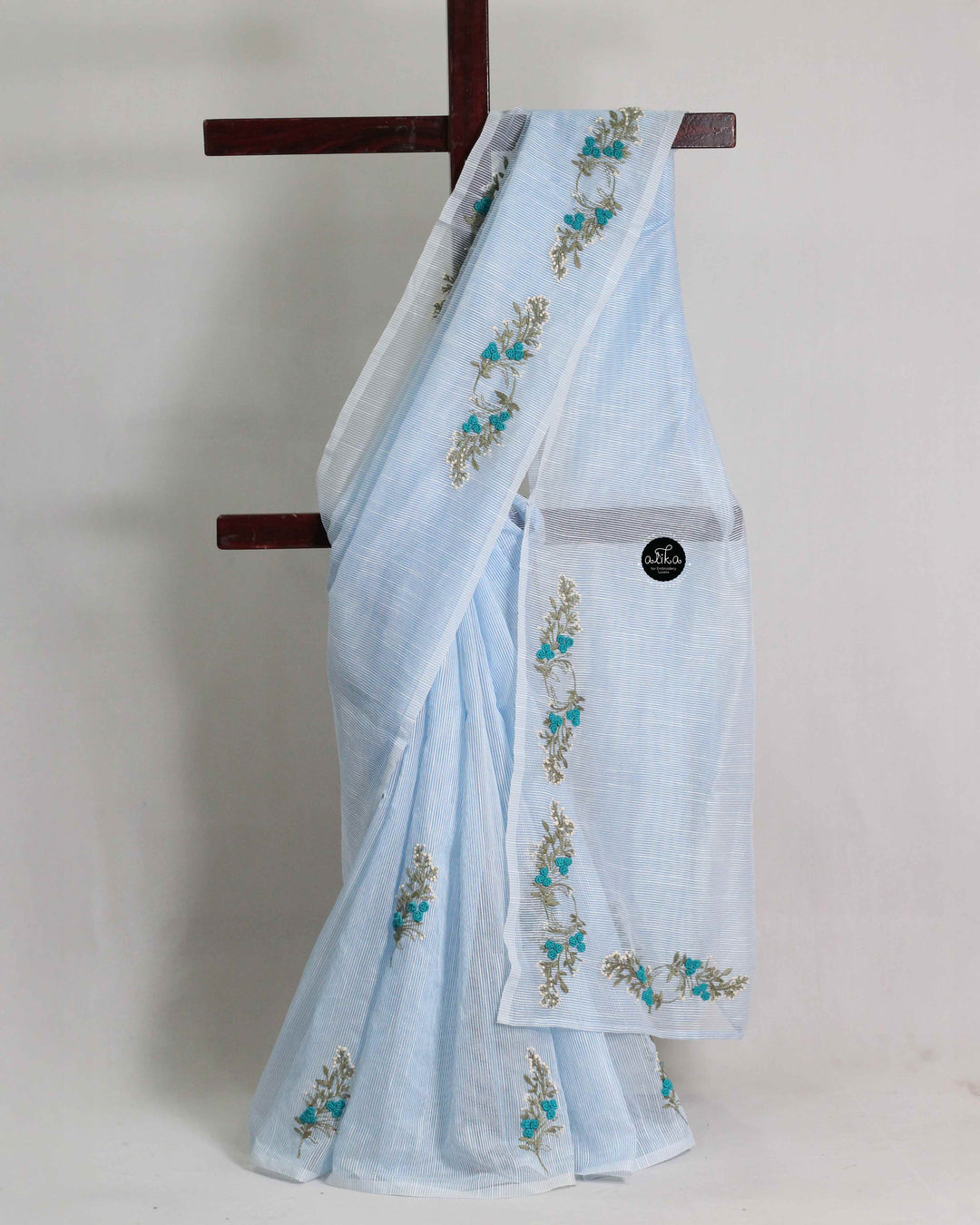 Light Blue Kota Saree with Floral Hand Embroidery