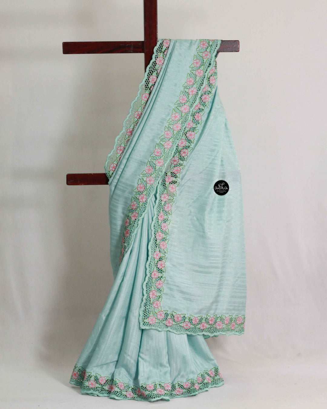 Light Blue Semi Silk Saree with Floral Cutwork Border