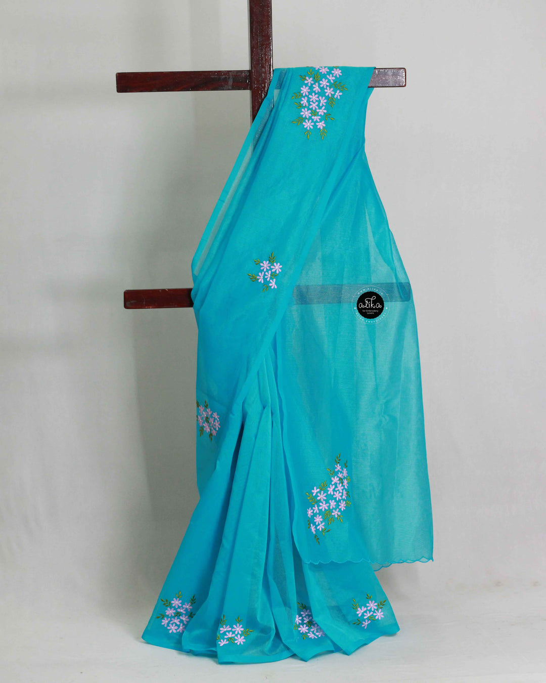Bright Blue Kota Saree with Floral Machine Embroidery