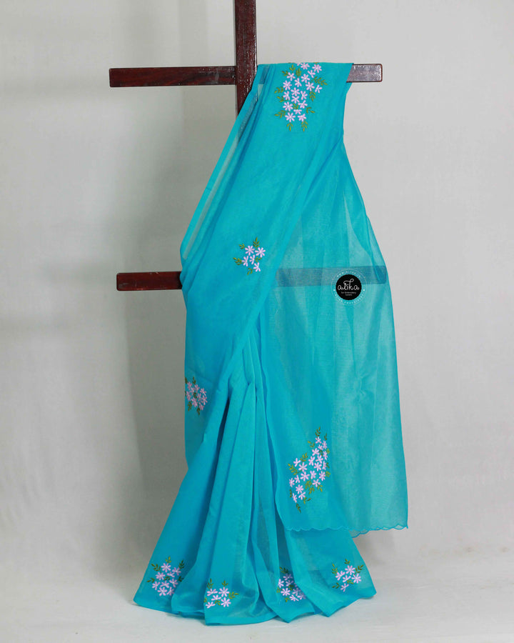 Bright Blue Kota Saree with Floral Machine Embroidery